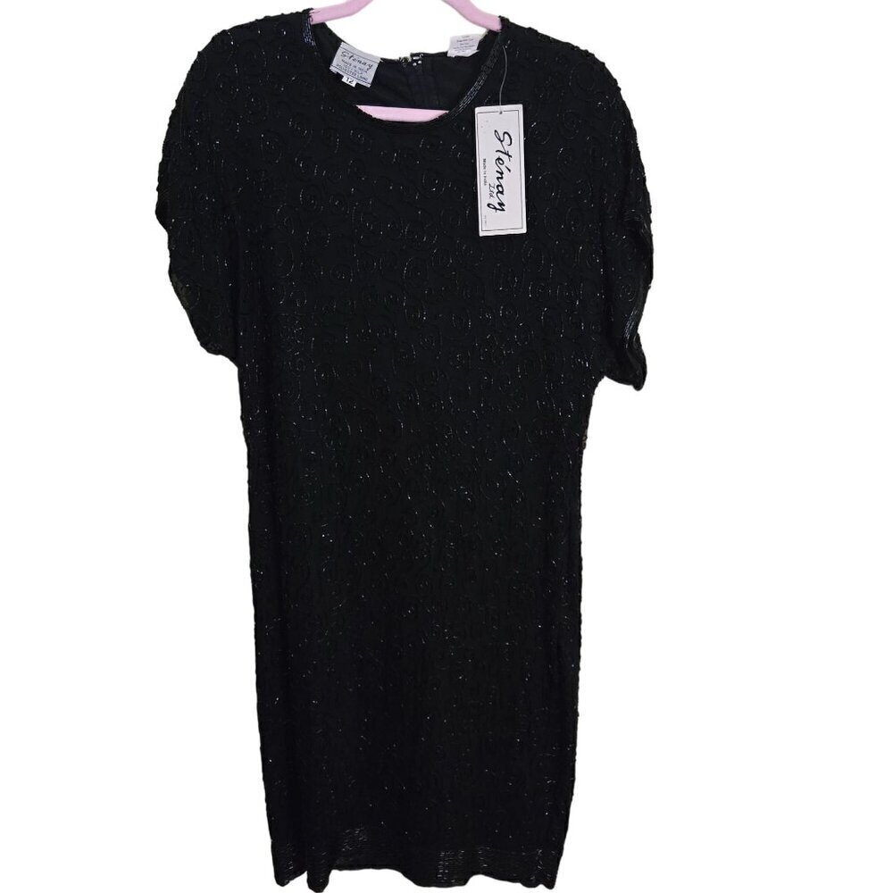 Stenay Vintage NWT Deadstock 100% Silk Beaded Made In India Midi Dress Size 12